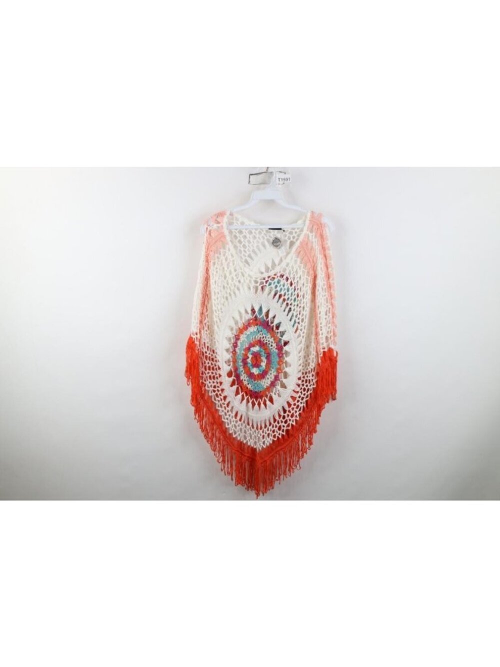 New Coco Carmen Boho Chic Hippie Fringed Crochet Poncho Womens OSFA Psychedelic